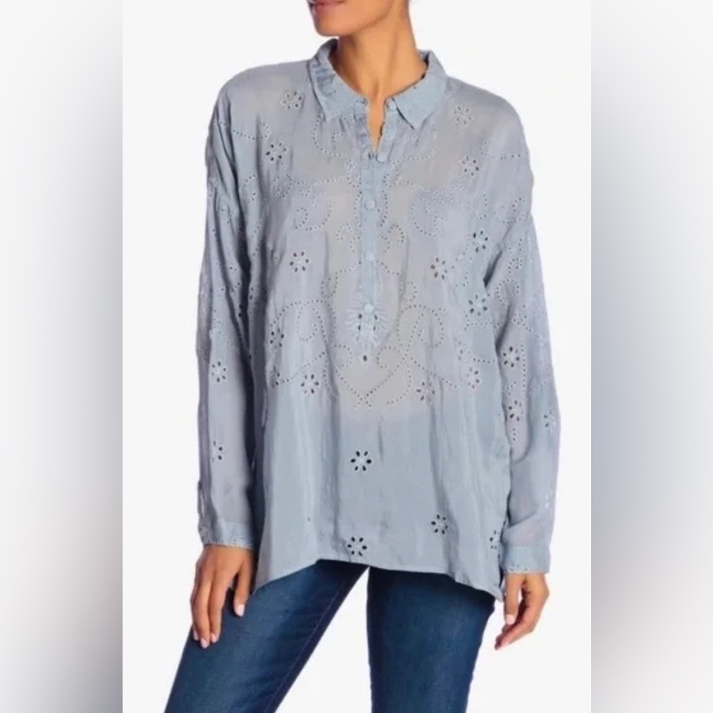 Johnny Was Light Blue Eyelet Blouse